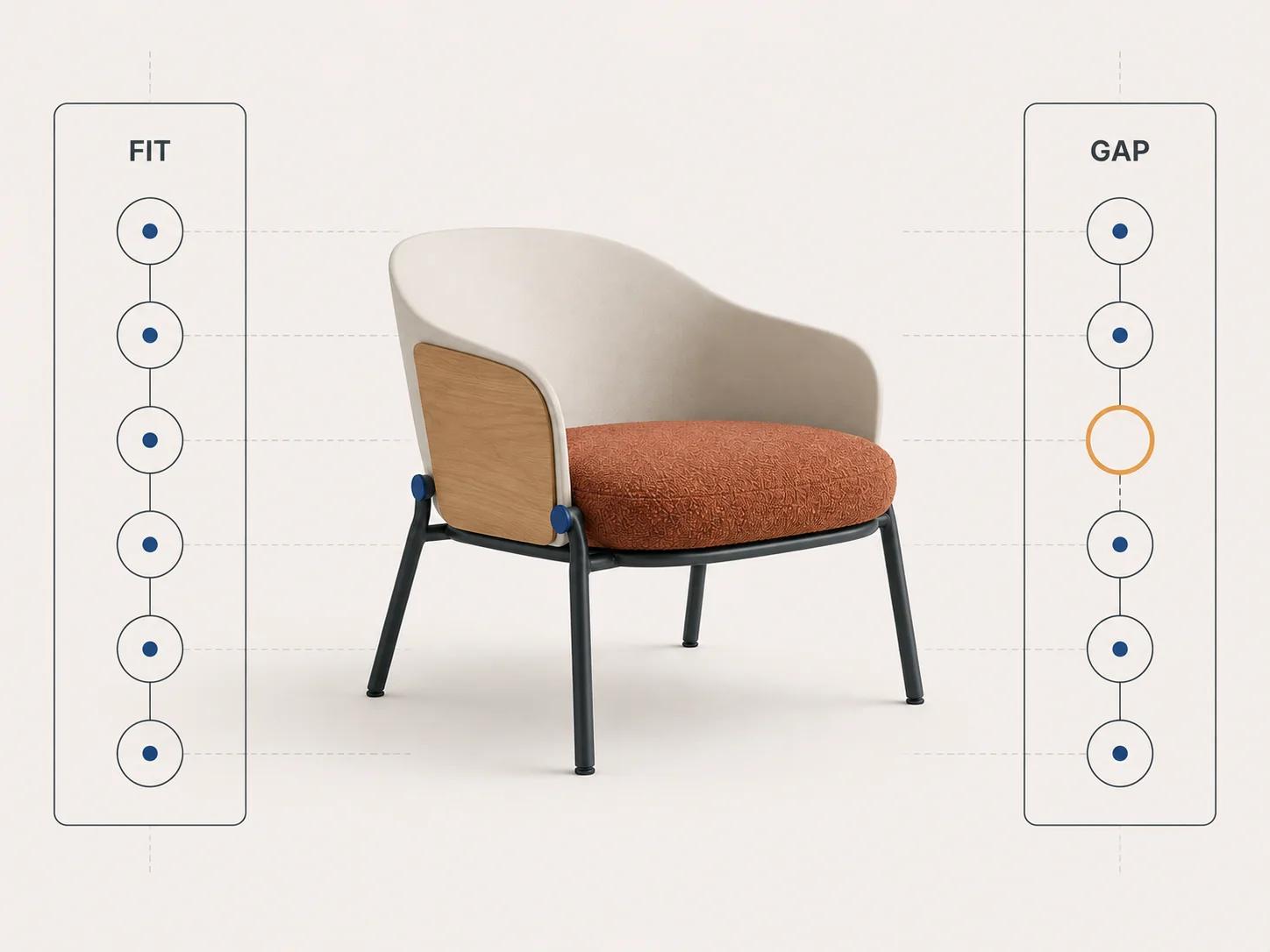 A lounge chair passes along a six-segment contract spine until one amber gap redirects the Shopify integration route.