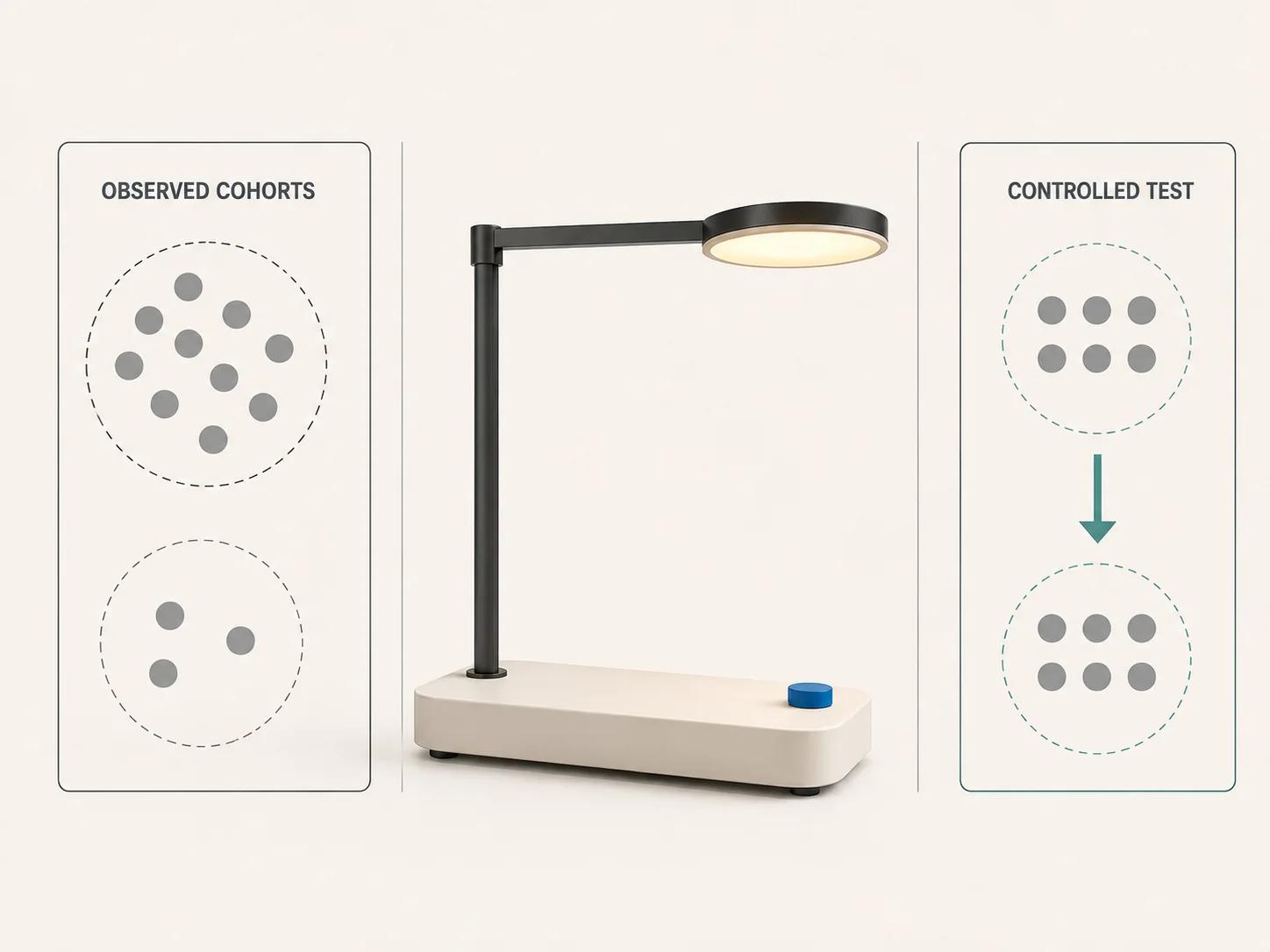 Adjustable desk lamp between a self-selected, uneven cohort and a preassigned, balanced test cohort, with no outcome or winner shown.