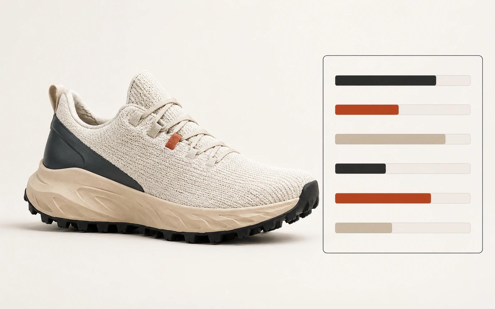 A dominant trail running shoe sits beside six broad evidence meters, showing that vendor comparison covers six operating areas rather than visual polish alone.