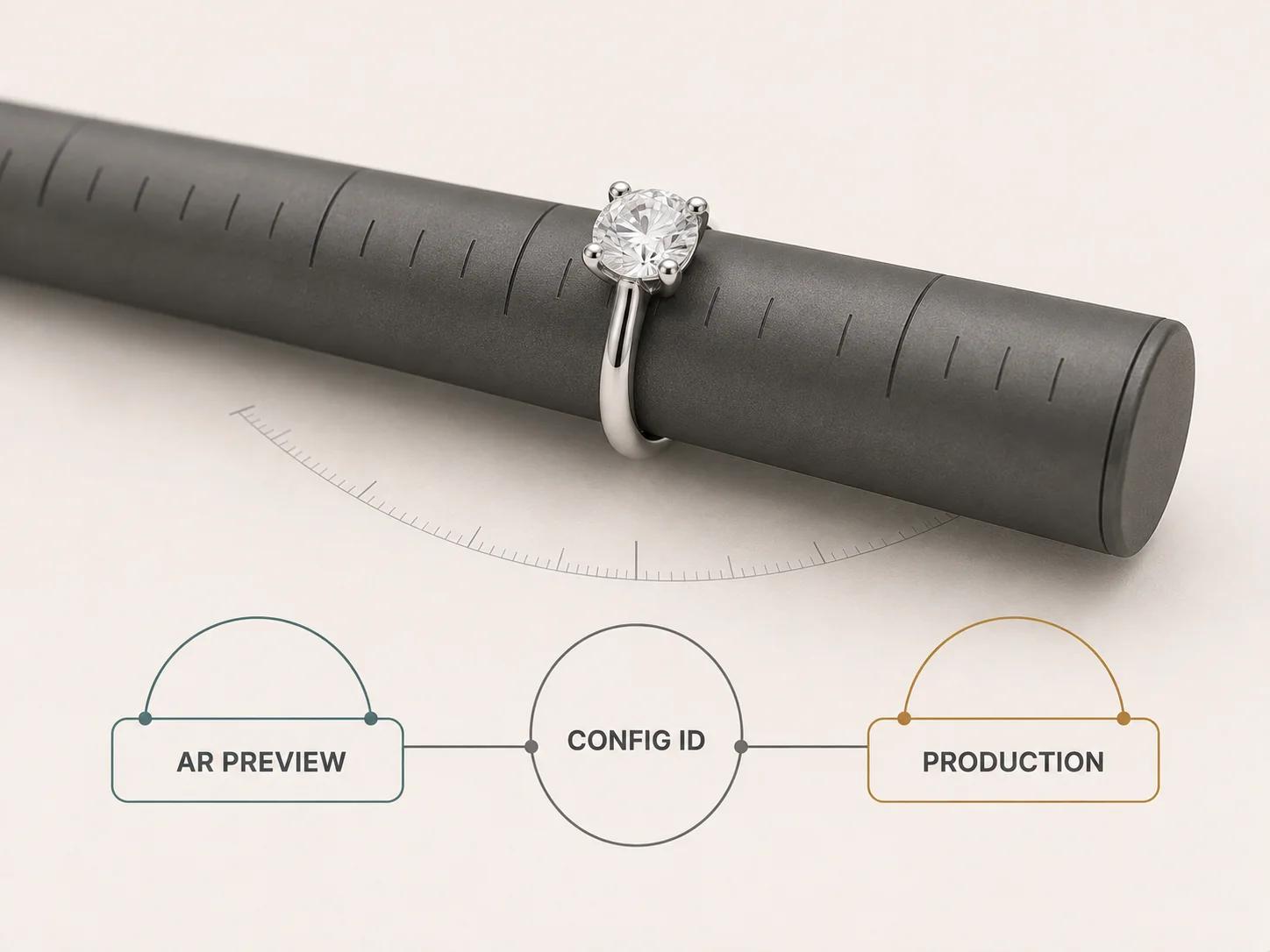 A solitaire ring on a metric mandrel sits between separate AR preview and production gates linked by one configuration ID.