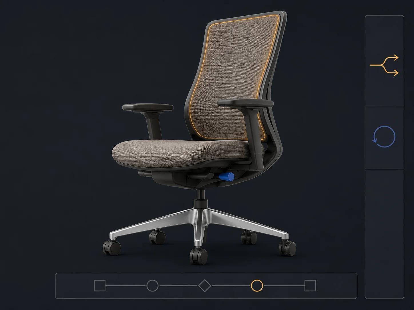A highlighted material change on one task chair traces to affected derivative and destination bands while unaffected geometry stays unchanged.