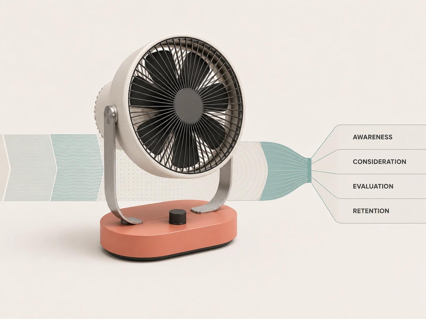 A desk fan sits on a six-band path that narrows into awareness, consideration, evaluation and retention, mapping story formats to buyer decisions.