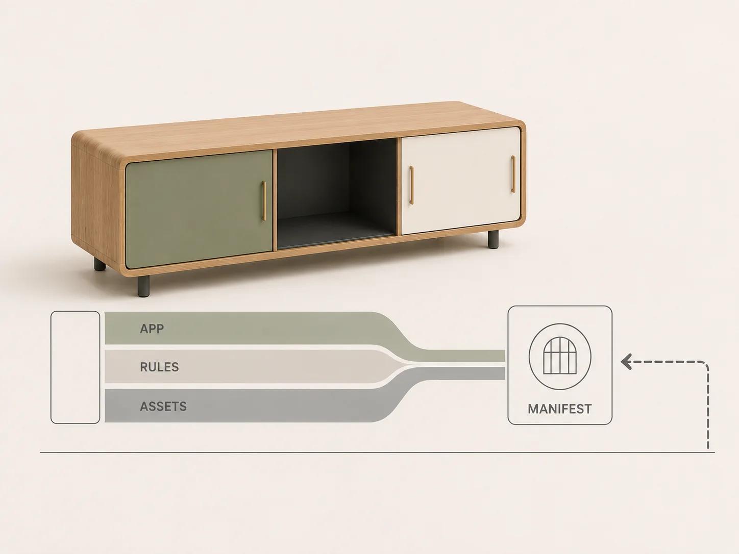 Application, rule and asset release lanes converge at a compatibility manifest beneath one storage console, with a rollback arrow to the prior compatible set.