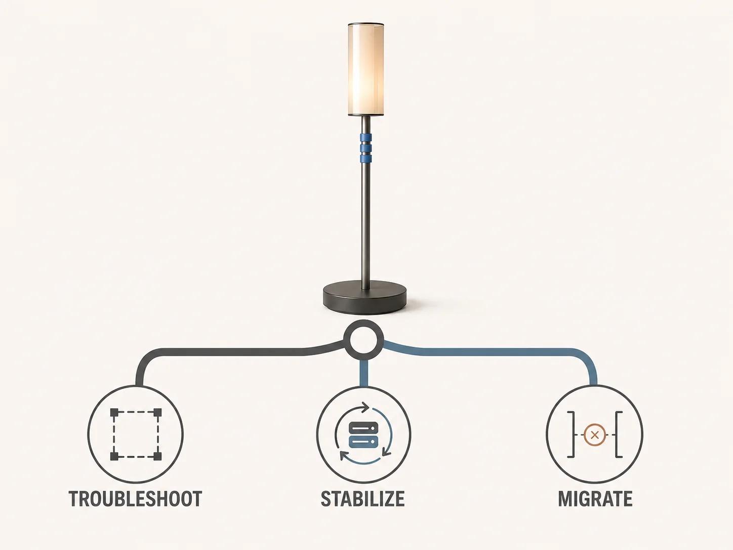 A single modular lamp stands at three evidence-led paths for troubleshoot, stabilize and migrate, indicating that recurrence, ownership and recoverability determine the next step.