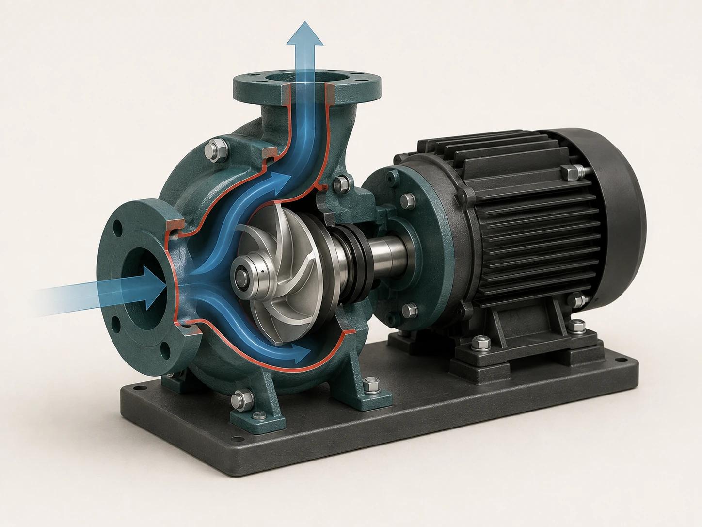 A cutaway centrifugal pump reveals the impeller and flow path, with blue arrows entering the inlet, circling the impeller and exiting the top.
