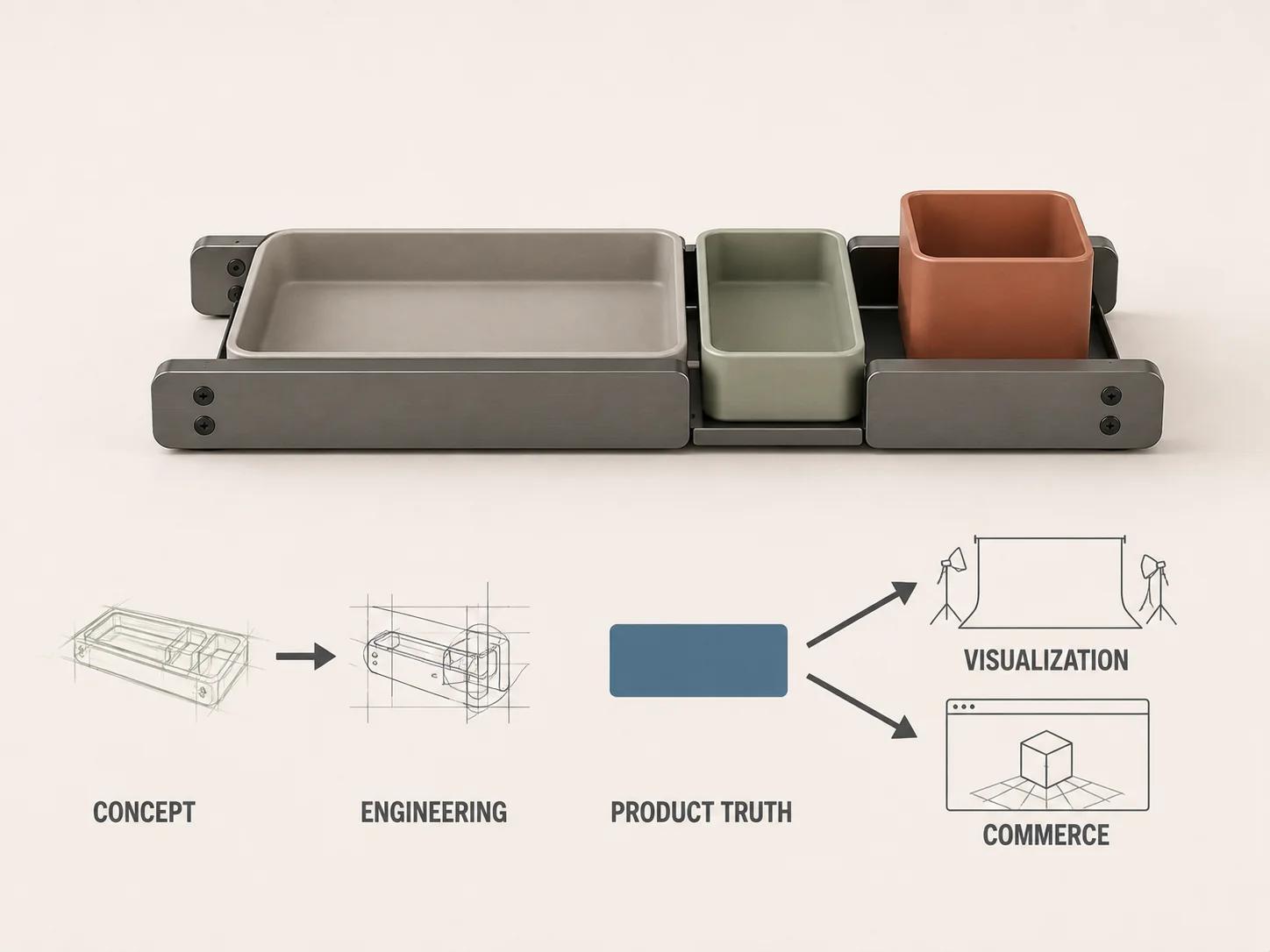 A five-stage lineage track shows concept and engineering feeding an approved product-truth baseline, then branching to a visualization master and a commerce derivative.
