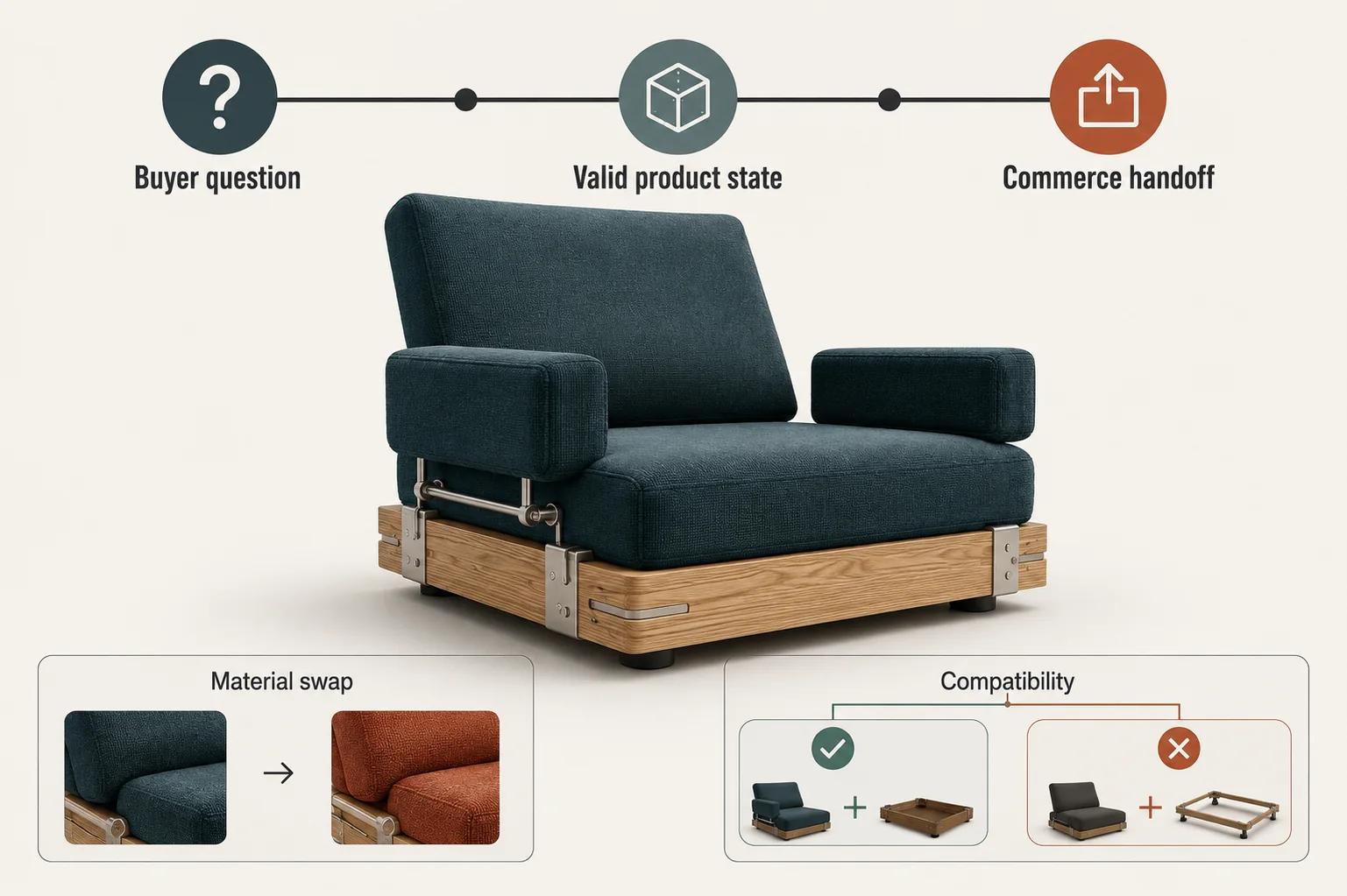 A modular lounge chair remains central while a simple path connects buyer uncertainty, valid options, and commerce handoff.