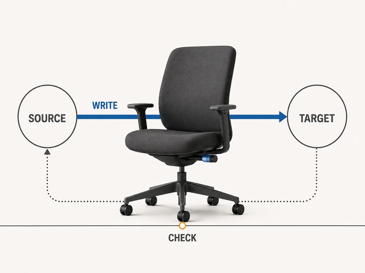 A single task chair sits between source and target rings with one solid write lane and a separate dotted check lane, separating authority from reconciliation.