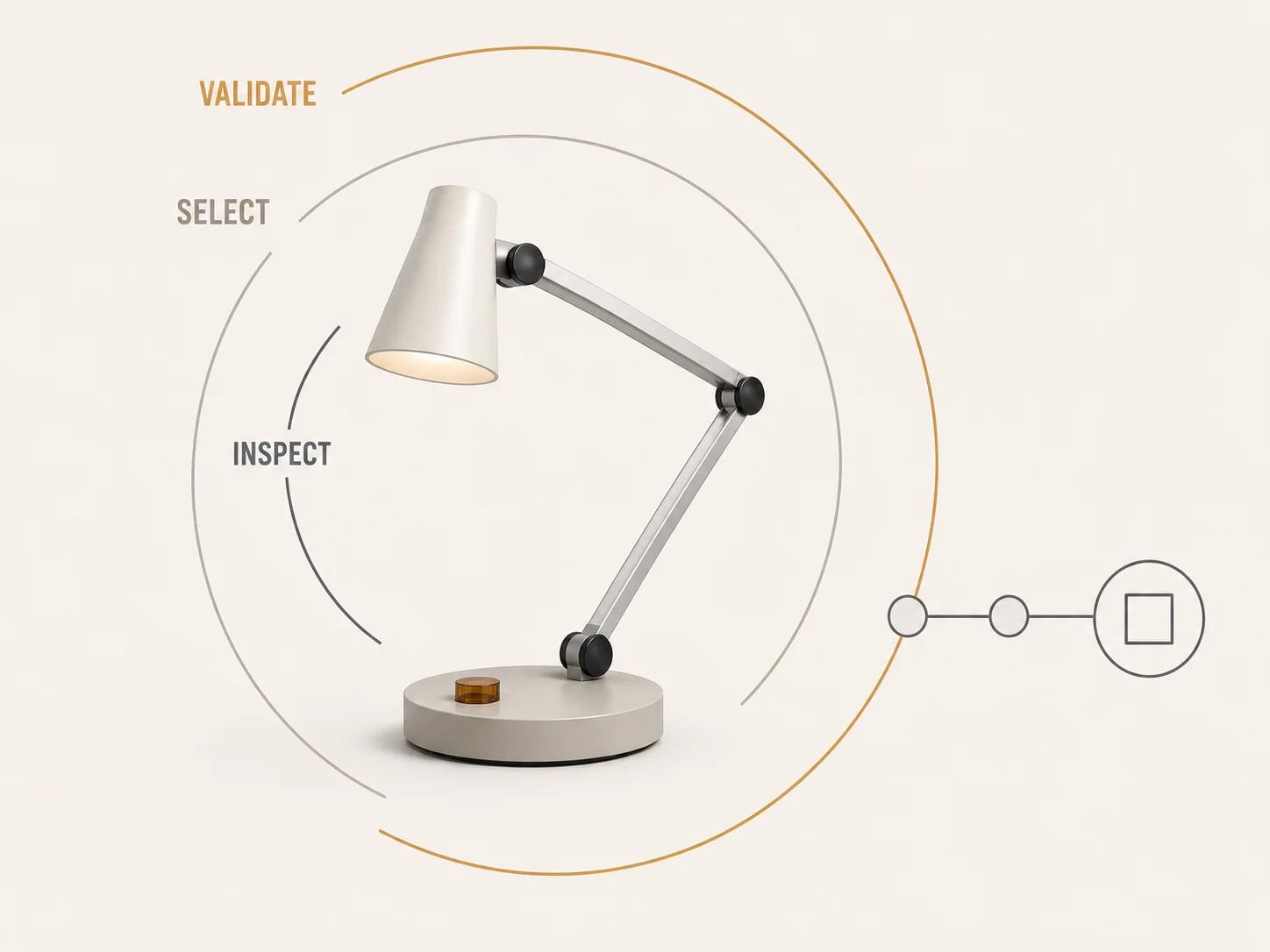 A single modular lamp is encircled by inspect, select and validate arcs, showing that selection becomes configuration when dependencies must be resolved.