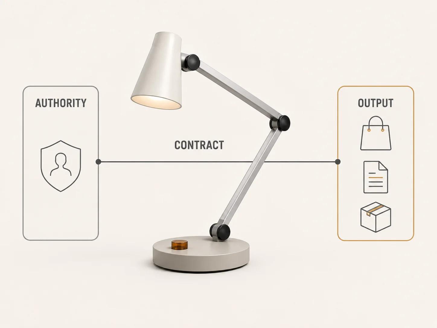 One modular lamp connects a source authority panel to an output panel through a contract rail, showing that downstream data needs an owner and acceptance rule.