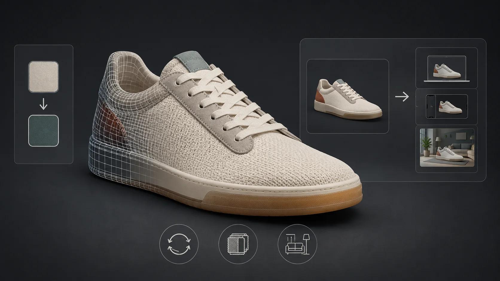 A single configurable sneaker dominates the frame while three clear controls represent rotation, material choice, and fit context.