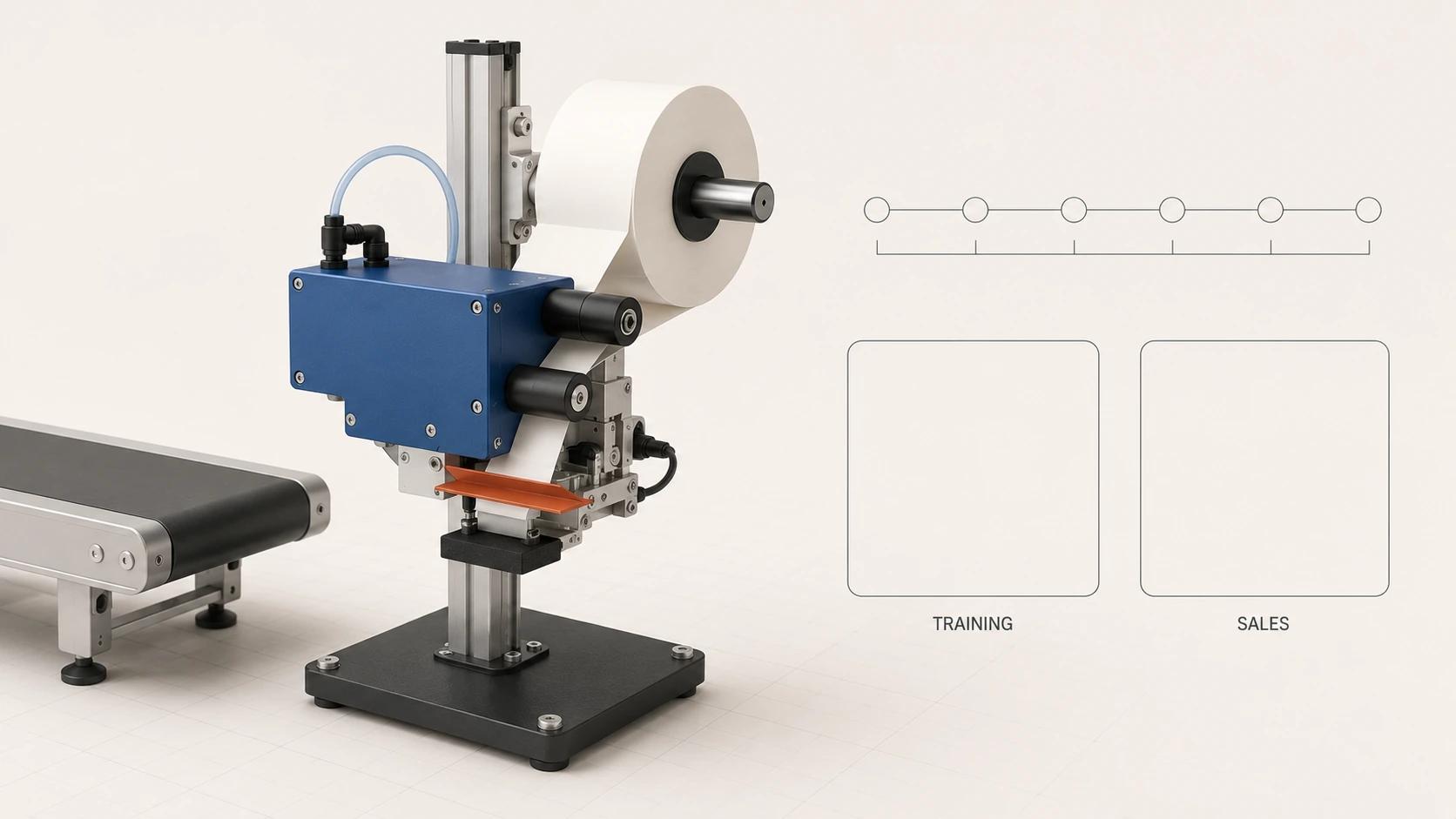 A label applicator stands beside a conveyor, a six-point sequence rail and separate blank panels labeled TRAINING and SALES.