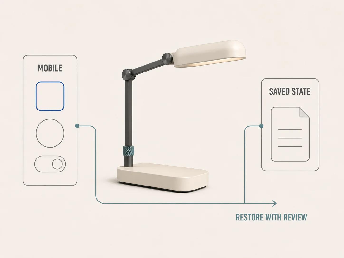 One desk lamp connects a narrow mobile control strip to a versioned saved-state card and a review step, showing recovery without duplicating the product.