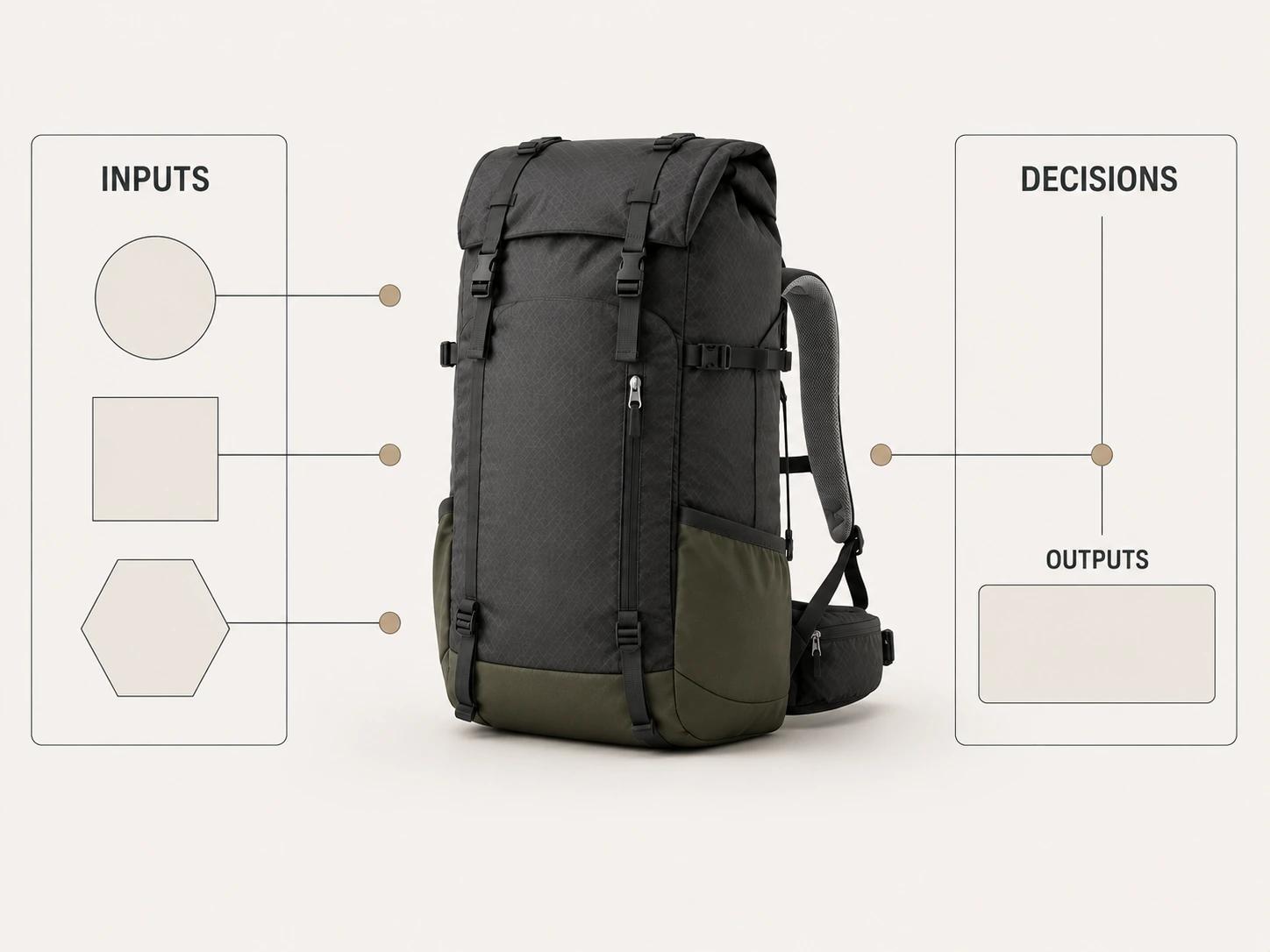 One backpack connects a restrained product-input panel to a studio-decision panel, separating buyer evidence from the outputs and assumptions a proposal must return.