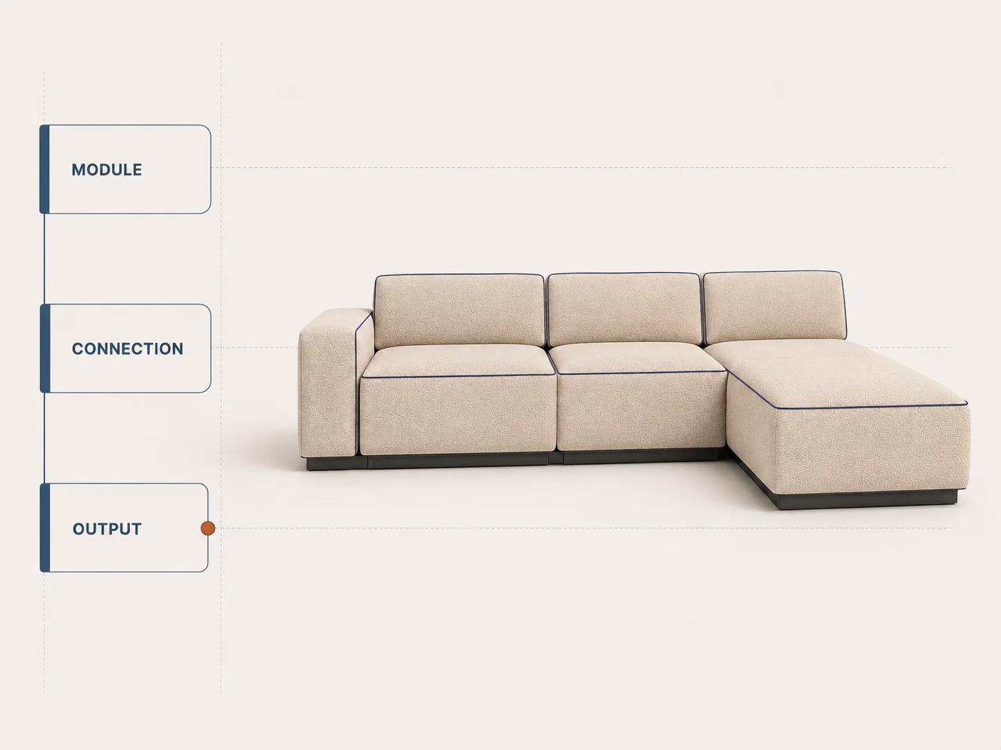 A modular sofa is checked against module identity, connection logic and downstream output before approval.