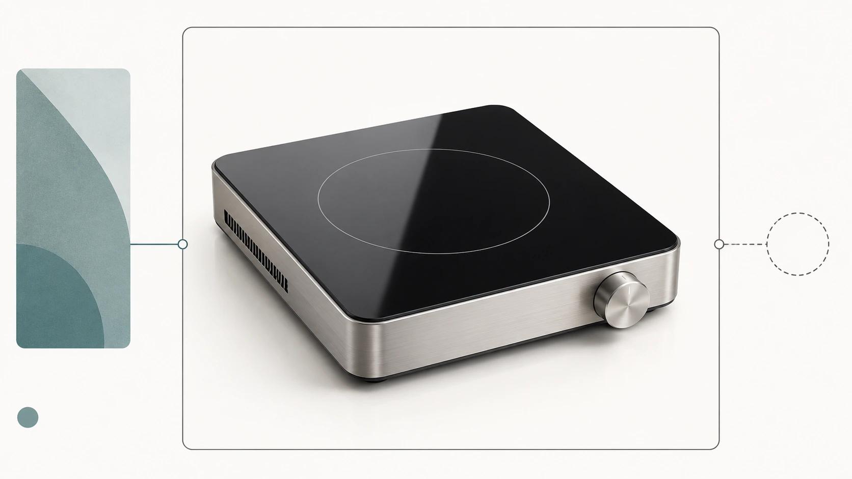 An induction cooktop sits in a viewer frame beside a delivery rail and evidence gate, separating the asset, interaction and release decision.