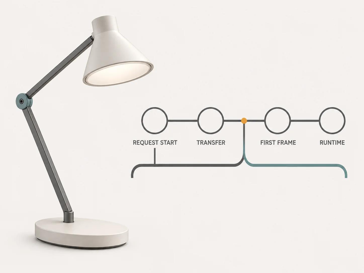 A single task lamp passes request-start, transfer, first-frame, and runtime gates, separating asset and network evidence from viewer and integration evidence.