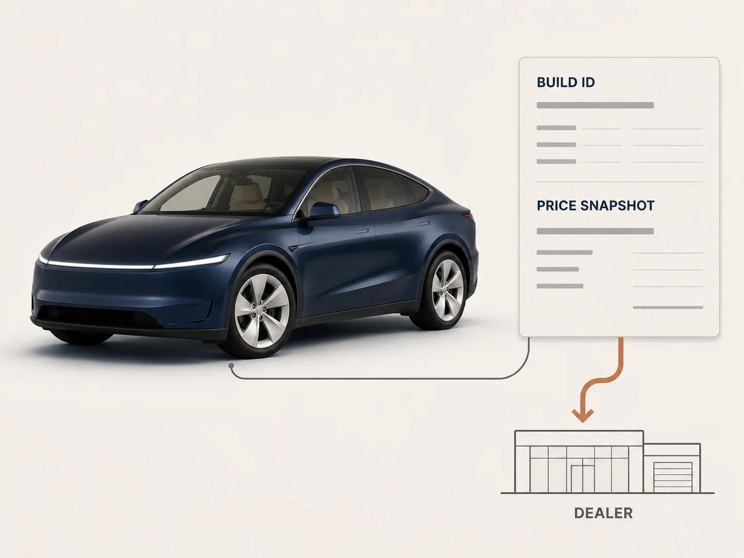 A configured crossover connects through a build-ID and price-snapshot sheet to a neutral dealer outline, emphasizing a complete reconciled handoff.