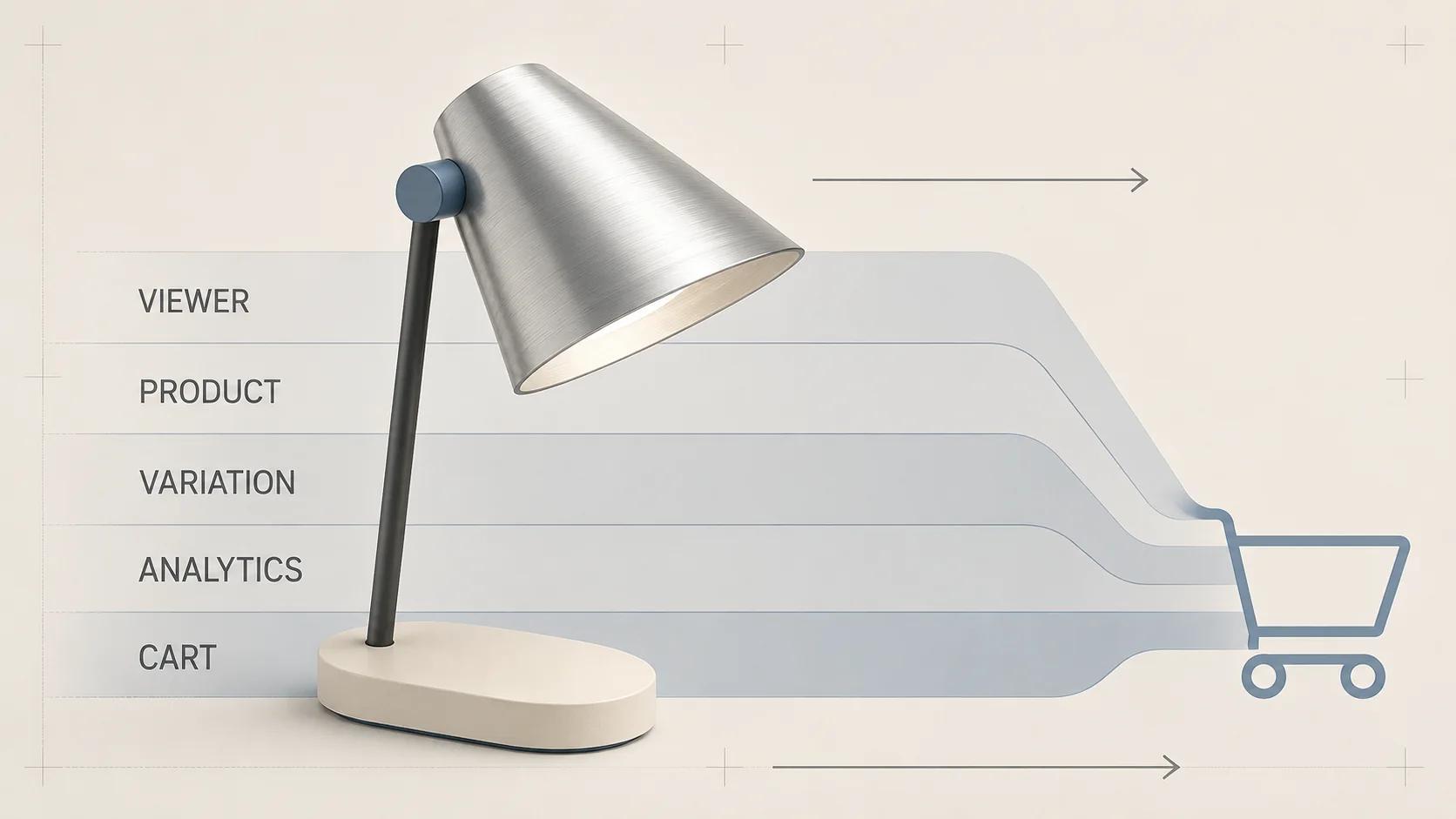 One desk lamp sits where five separate rails for the viewer, product record, variation state, analytics and cart meet, showing that each integration needs its own contract.