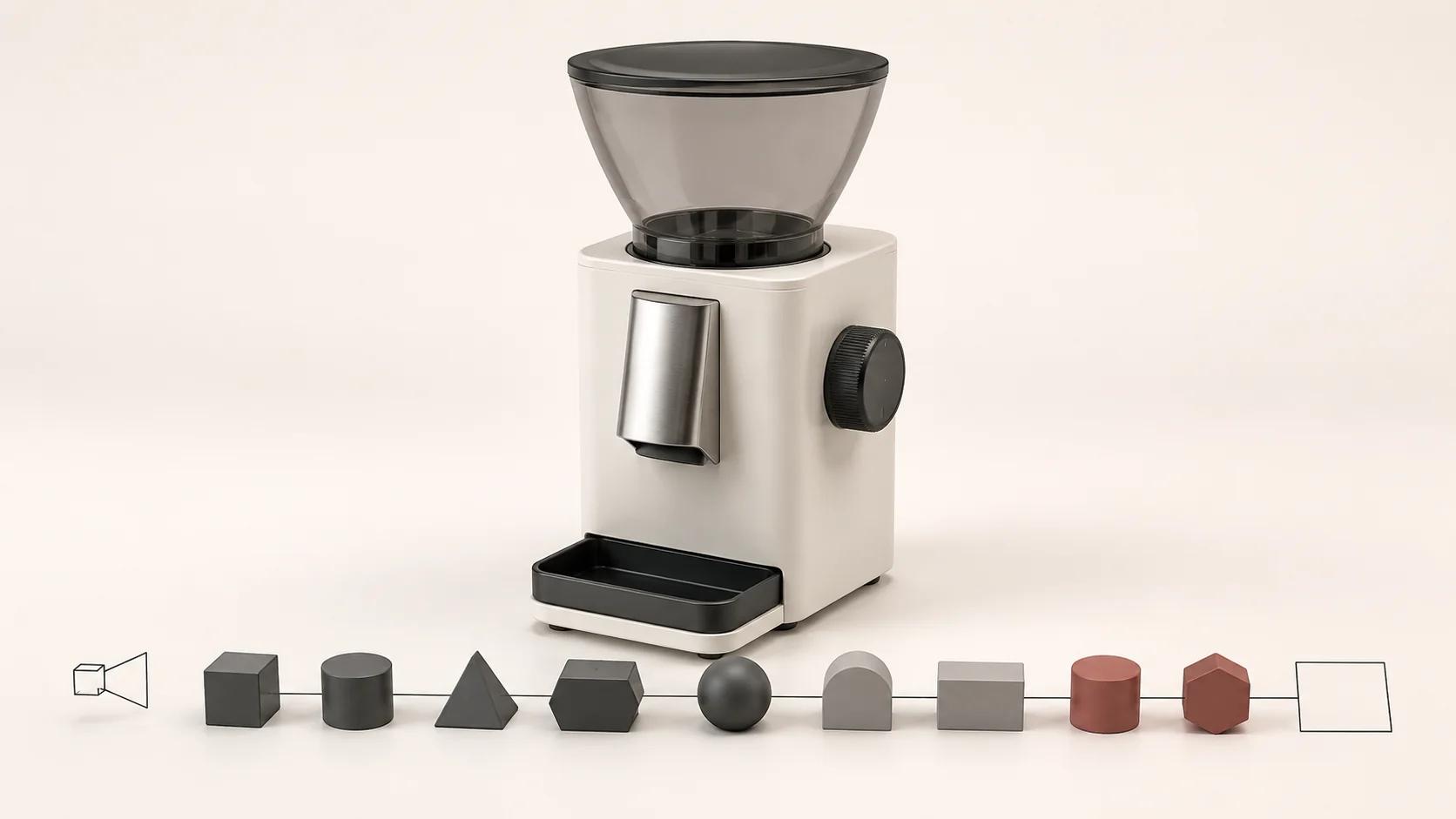 A countertop coffee grinder interrupts a line of open geometric approval gates, framing production as a sequence of client decisions.
