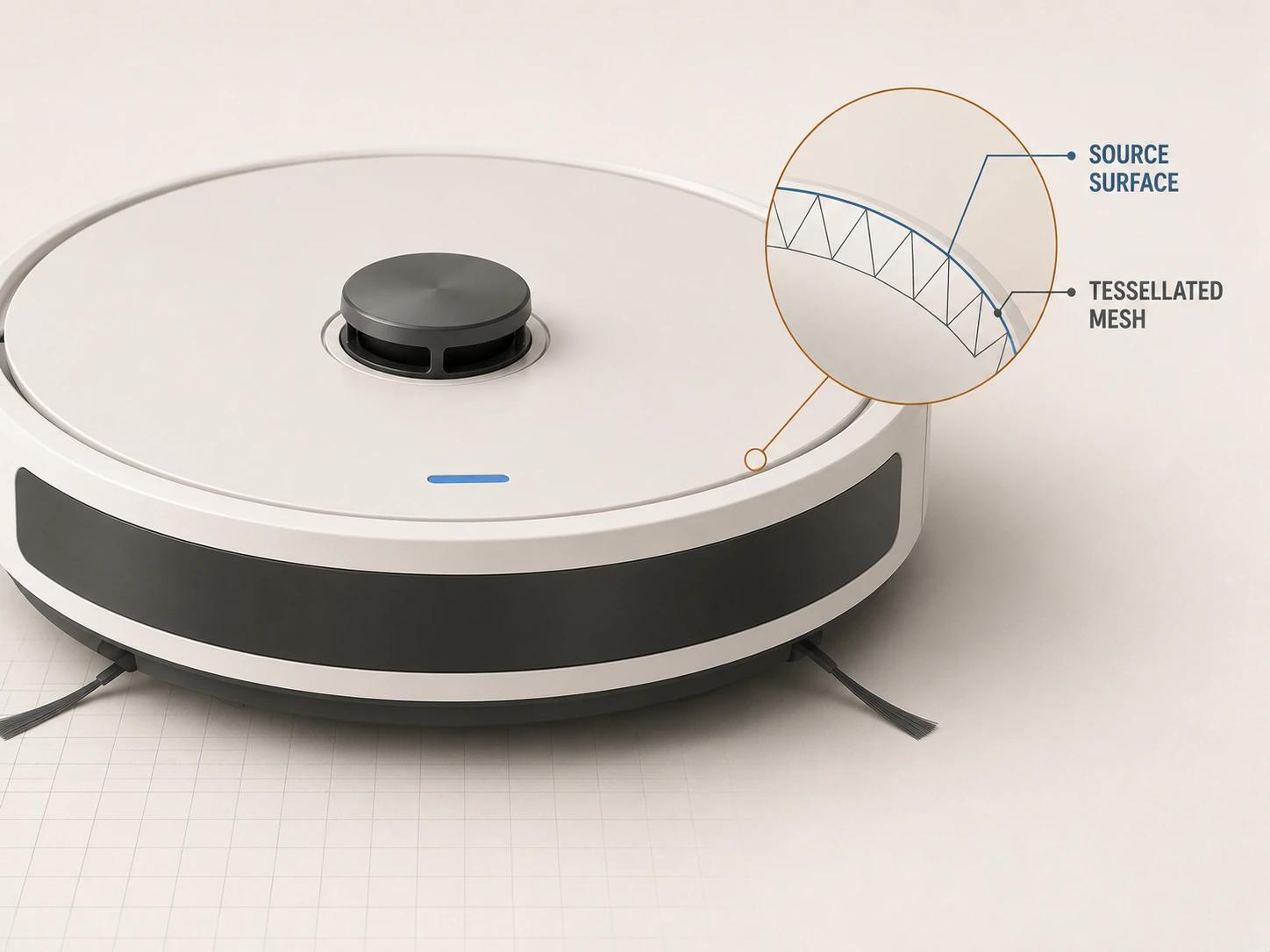 A lens over the curved vacuum shell compares a smooth source surface with a triangle-based approximation and makes the silhouette gap visible.