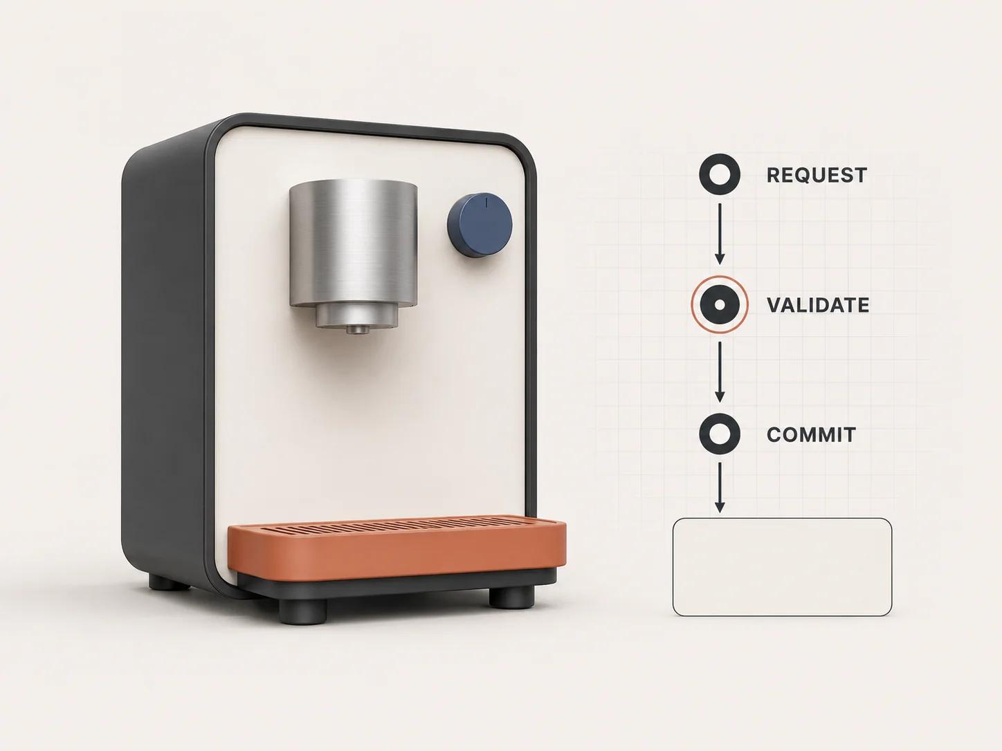 A configurable brewer moves from a requested option through validation before the accepted state reaches a commerce commitment.