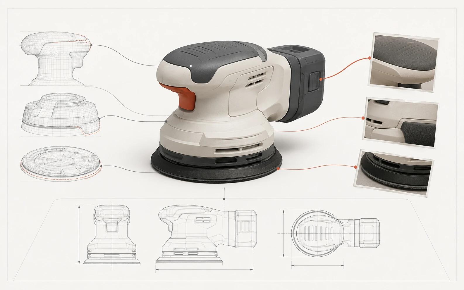 An orbital sander model sits between three input lanes: CAD for engineered form, photos for appearance, and drawings for profiles and dimensions.