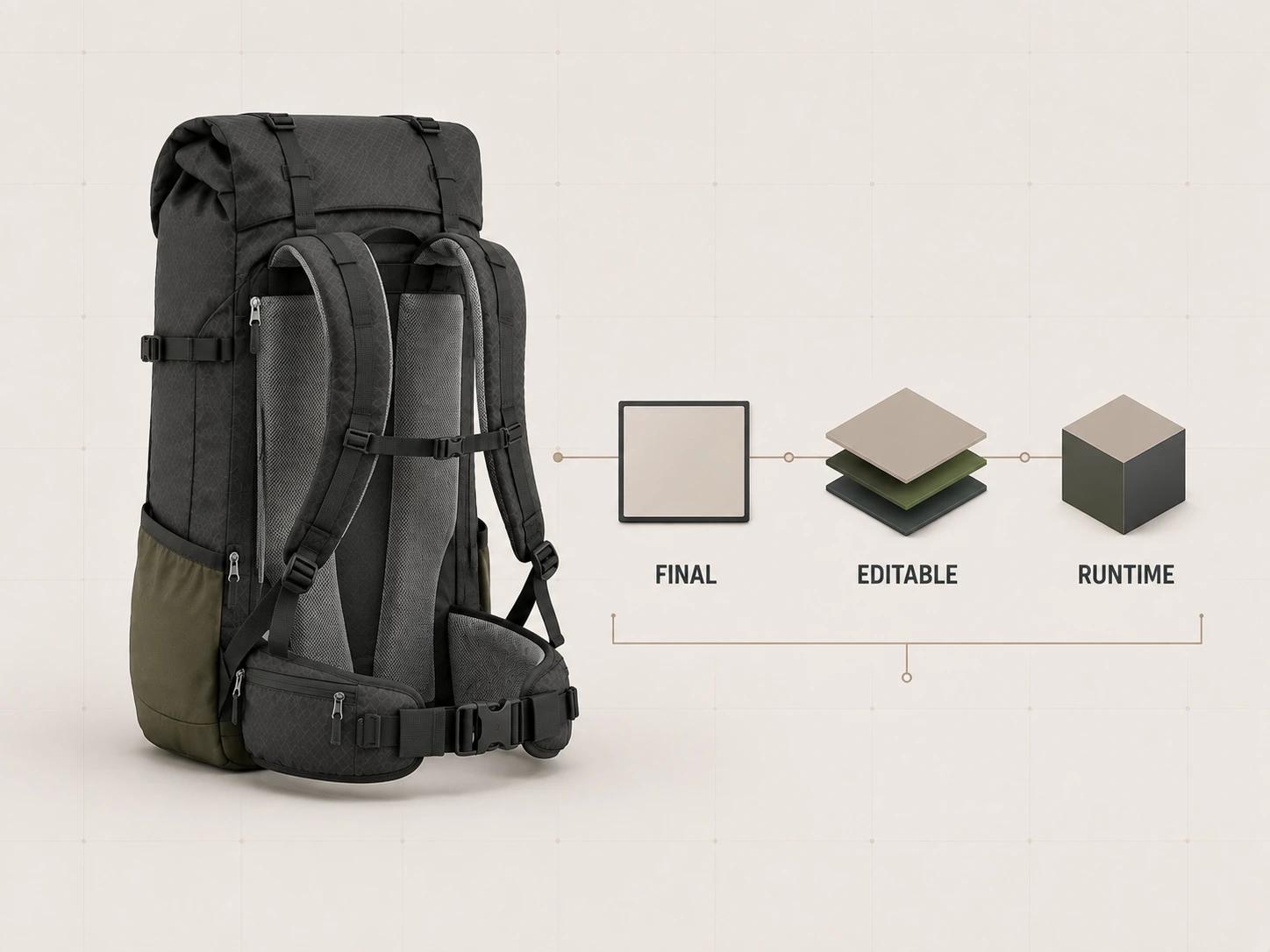 Rear view of a hiking backpack linked to three handoff tokens labeled FINAL, EDITABLE and RUNTIME beneath one open rights bracket.