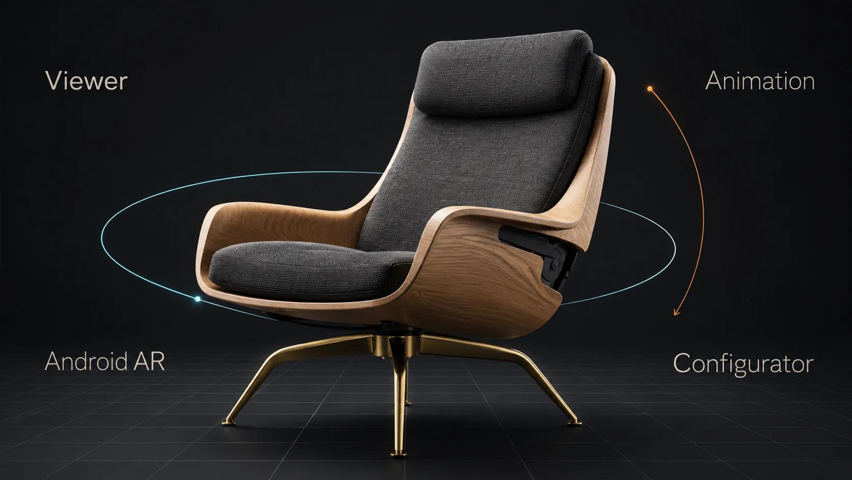 A modular lounge chair beside viewer, animation, Android AR and configurator labels, showing that each answers a different buyer question.