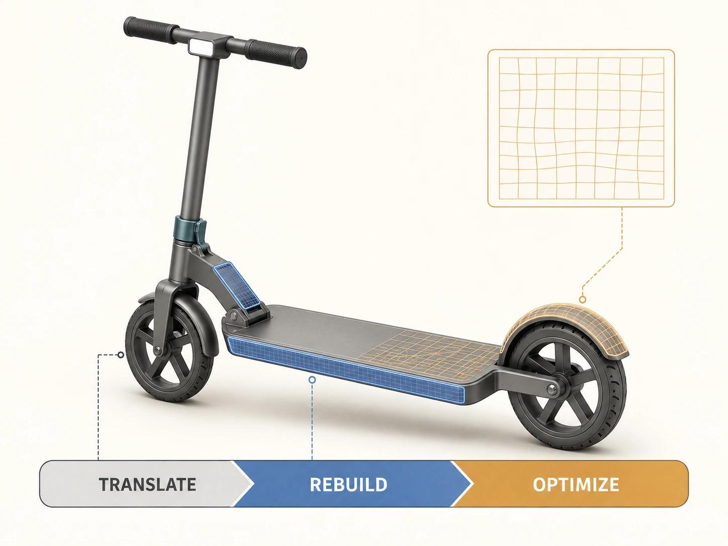 A scooter shows separate translate, rebuild and optimize zones: its hinge is reconstructed, broad frame geometry retained and surface detail mapped.