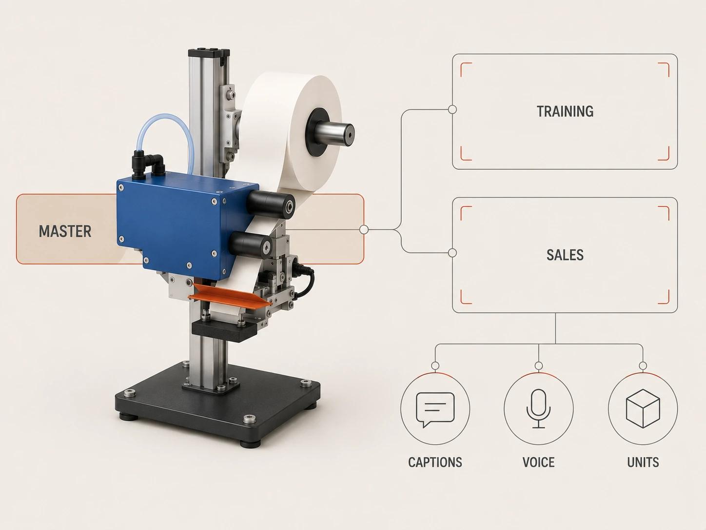 One technical master built around a label-applicator module branches into separate training and sales panels with caption, voice, and unit localization tracks.