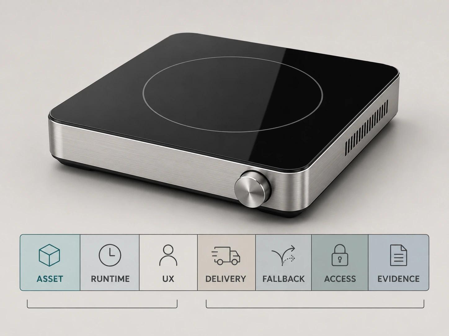 A cooktop sits above seven responsibility segments for asset, runtime, UX, delivery, fallback, access and evidence, with approvals kept separate.
