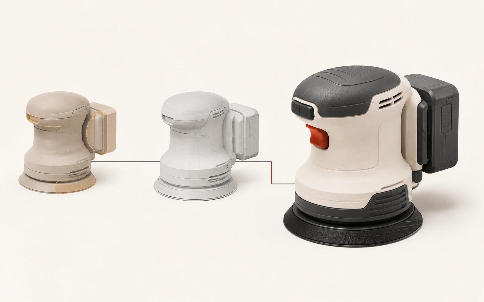 An orbital sander progresses from a clay model with three unknown zones through a geometry check to a finished render, showing uncertainty resolved before polish.