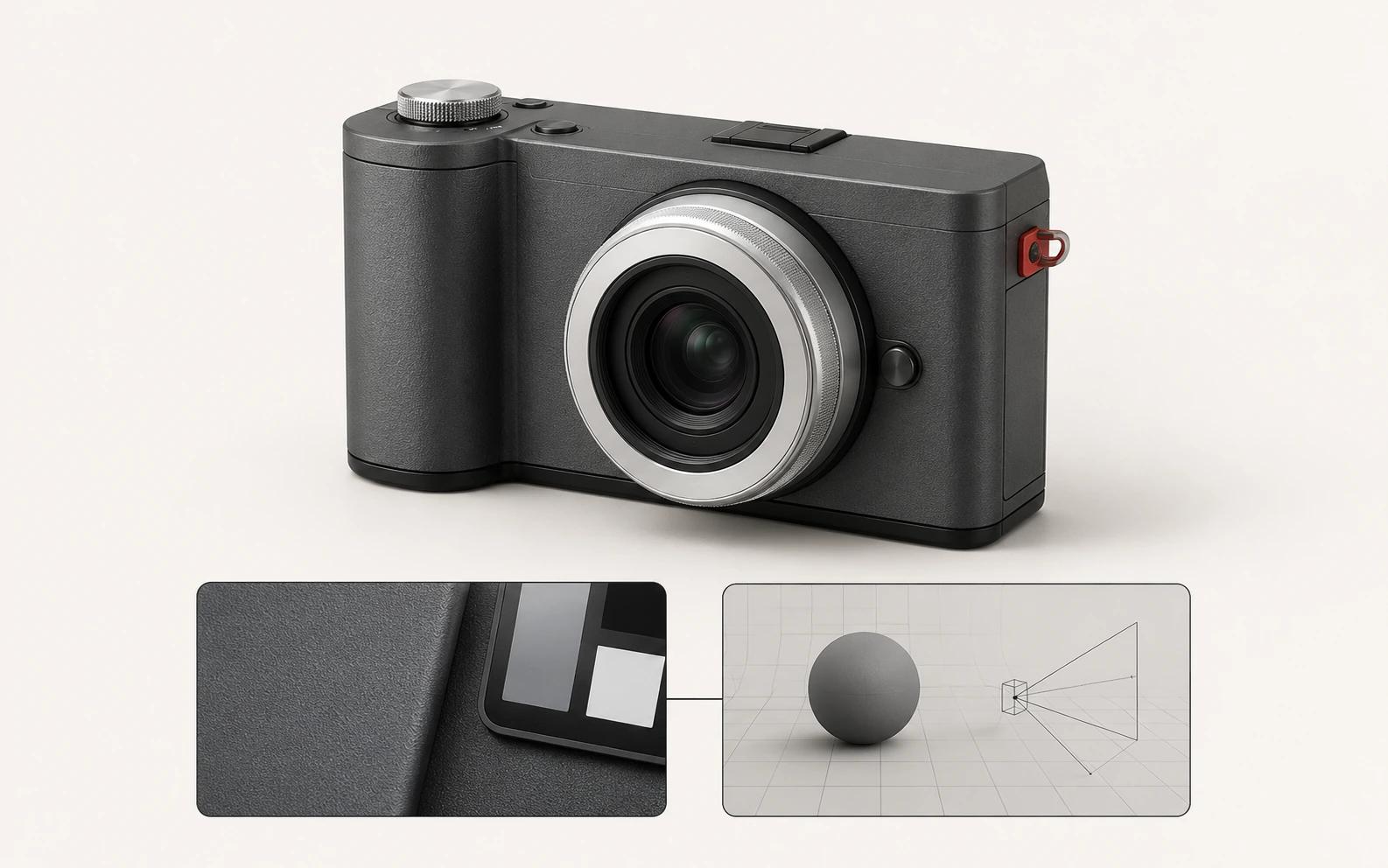 A dominant compact mirrorless camera above a controlled finish-capture tile and a digital scene-state tile, showing photography used for evidence and CGI used for extension.