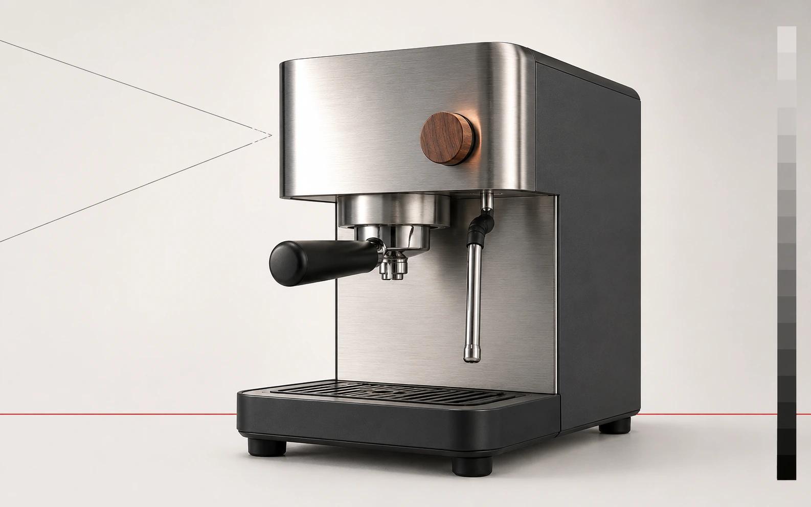A controlled camera view keeps the espresso machine’s proportions credible while a tonal output strip and focused lighting preserve steel, graphite and walnut hierarchy.