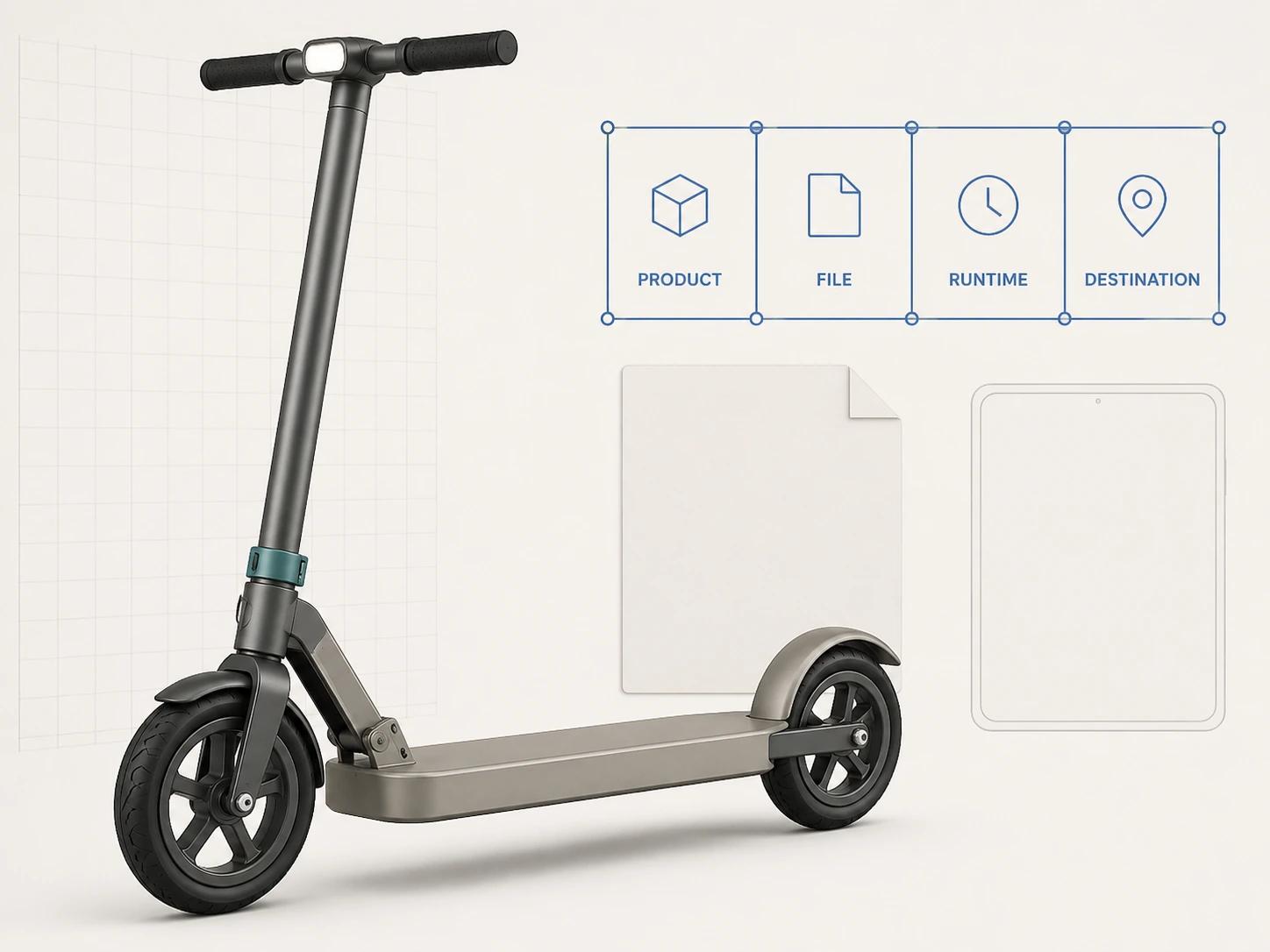 A folding scooter sits beside separate product, file, runtime and destination gates, showing that a valid preview cannot stand in for all four acceptance decisions.