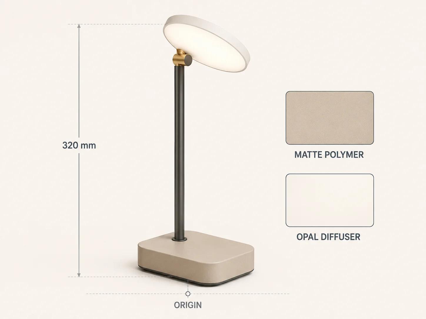 A 320 mm task lamp is paired with a ground origin and named polymer and diffuser swatches for scale and material acceptance.