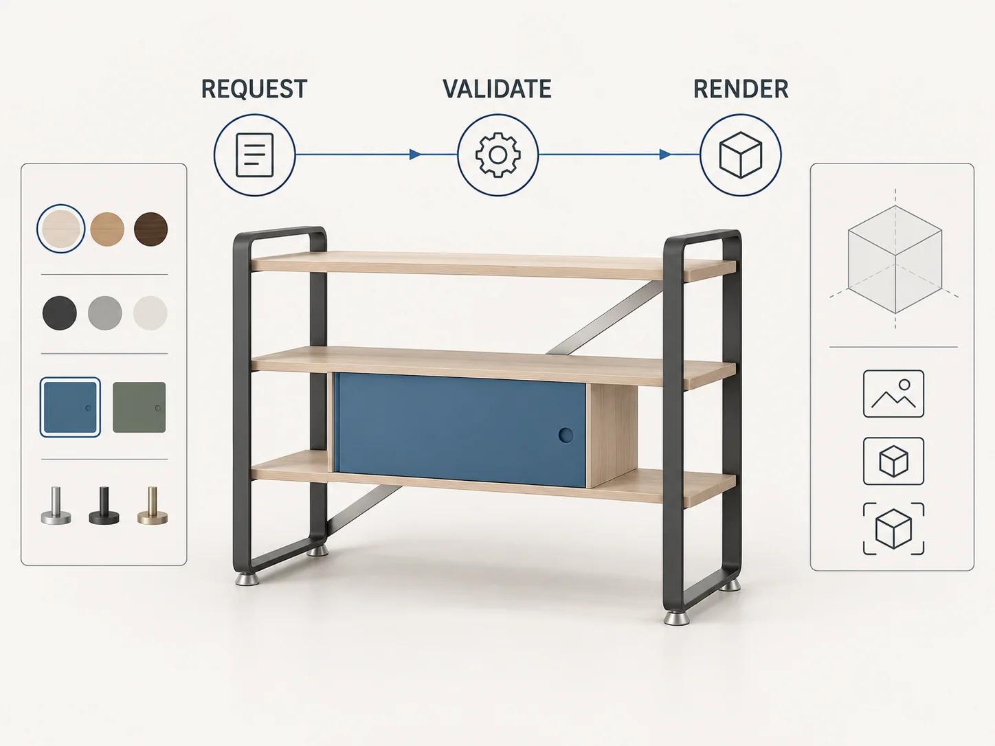 A requested shelving option travels through validation before one accepted state updates the interface and the console's visible cabinet and structure bindings.