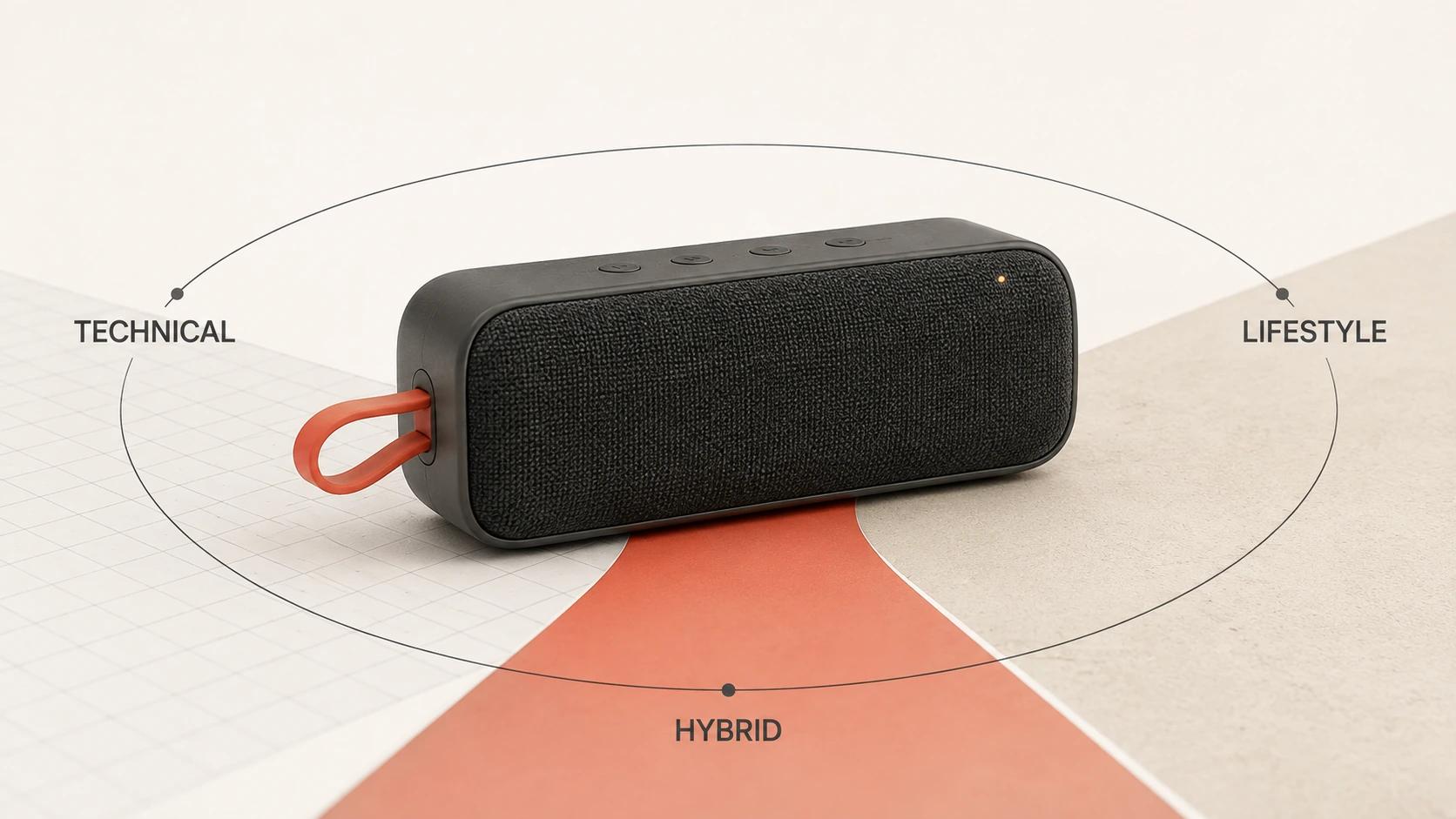 One portable speaker sits where TECHNICAL, LIFESTYLE and HYBRID paths meet, showing three visual-language choices around the same product.