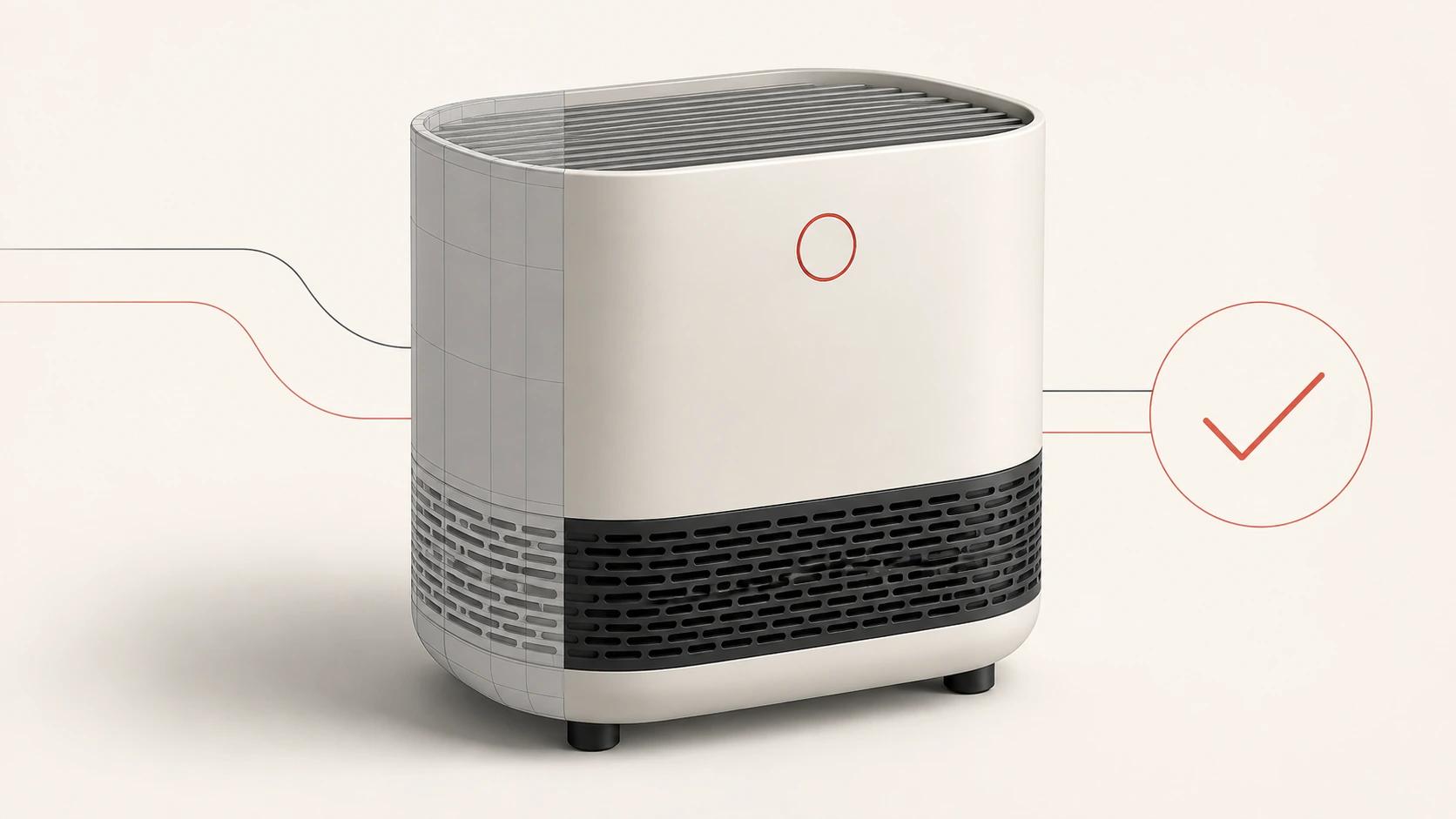 One air purifier moves from neutral working geometry into a finished commerce render, separating software capability from the production decisions around it.