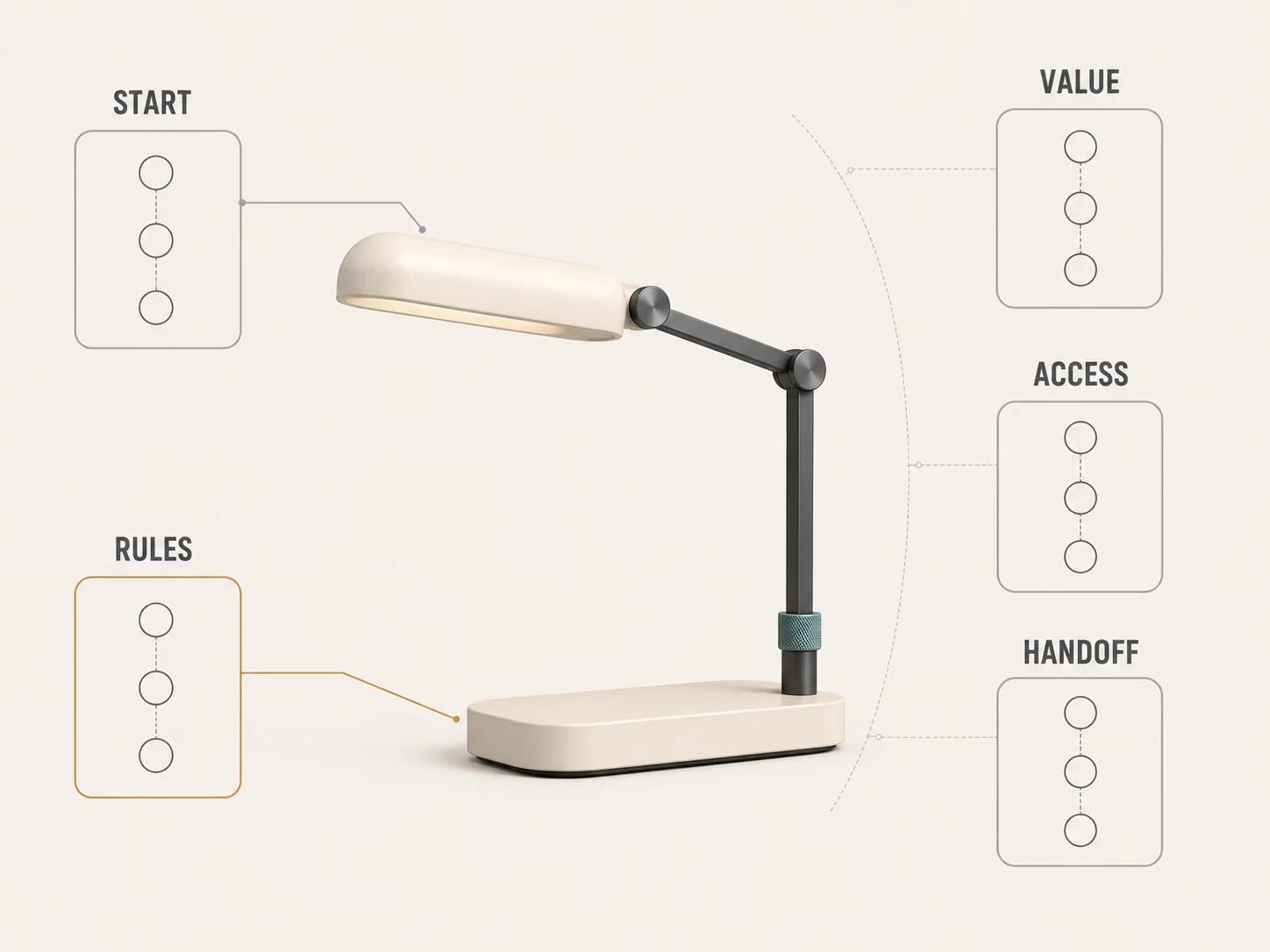 One desk lamp is framed by five audit bands with three notches each, grouping fifteen configurator patterns into start, rules, value, access and handoff evidence.