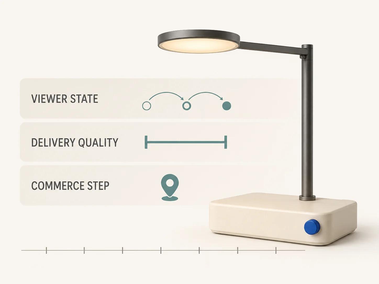 Adjustable desk lamp crossing separate viewer-state, delivery-quality and commerce bands, with notches marking a distinct firing rule and test for each transition.