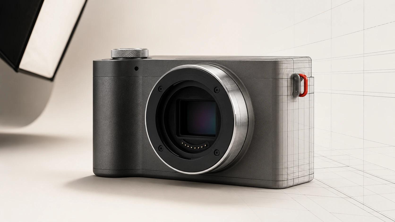 A mirrorless camera sits between a controlled photo studio and a CGI wireframe-to-material setup, presenting two production routes without declaring a winner.