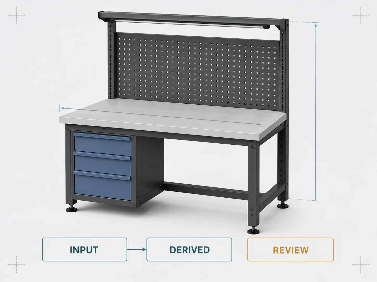 A single industrial workbench is surrounded by dimension lines and separate input, derived and review states, clarifying that dimensions and approvals have different owners.