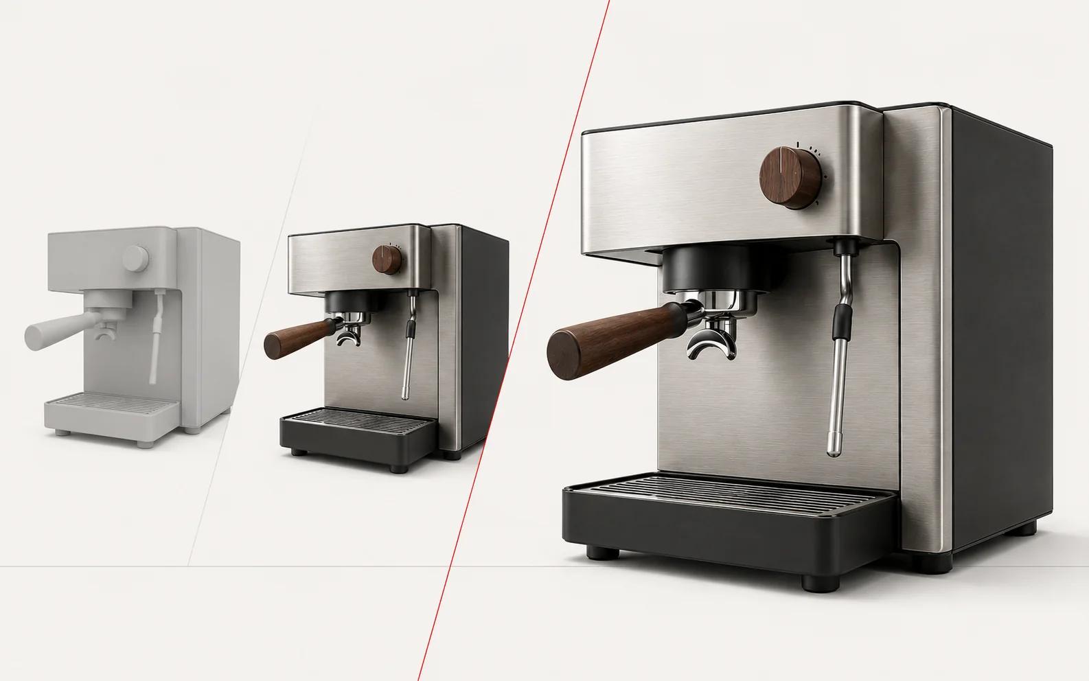 One final espresso-machine render dominates two earlier product states, illustrating the geometry, material and image-system approvals within the six-gate workflow.