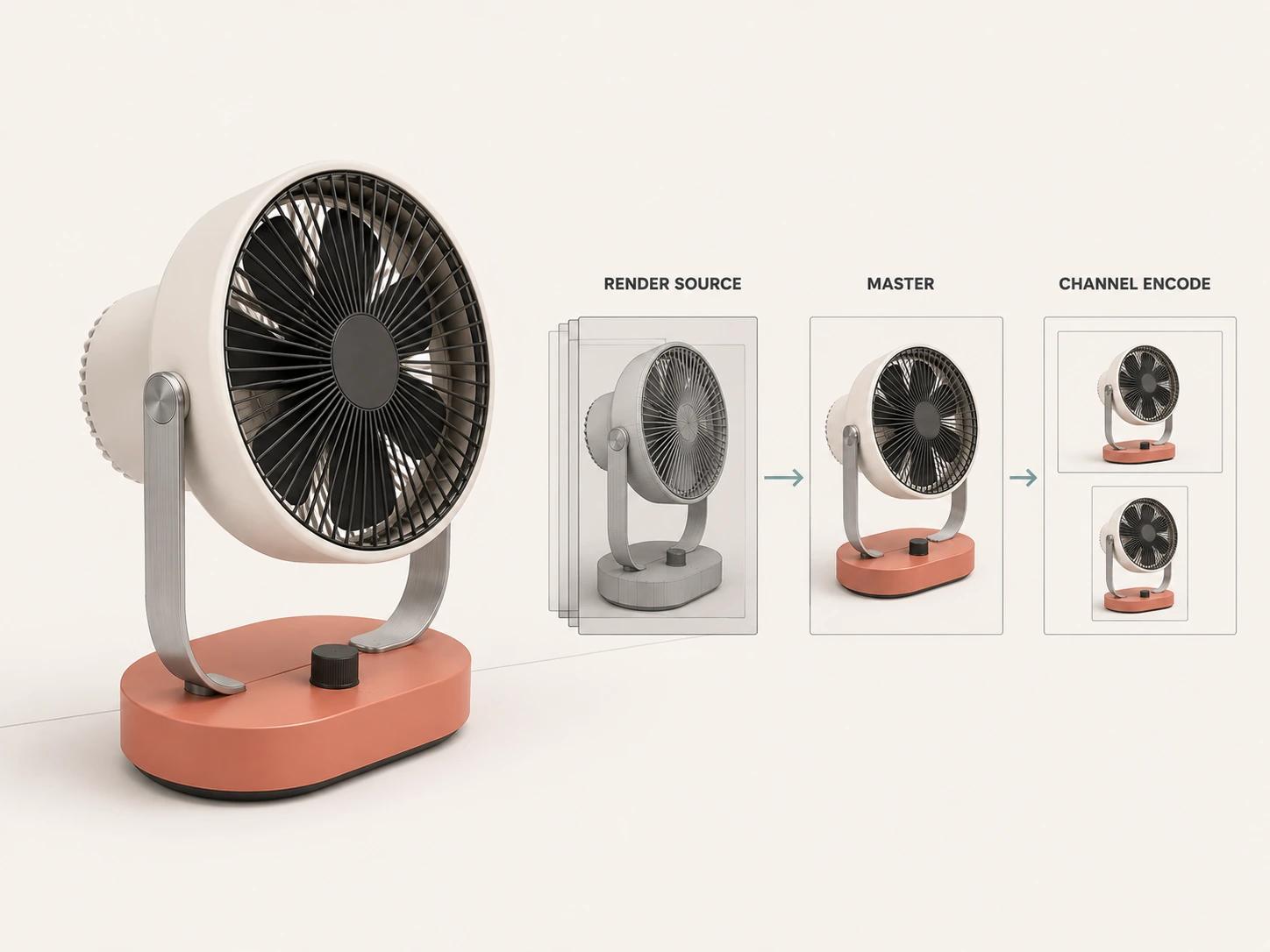A desk fan leads from stacked render-source frames to a master frame and two channel encodes, showing three separate delivery layers.