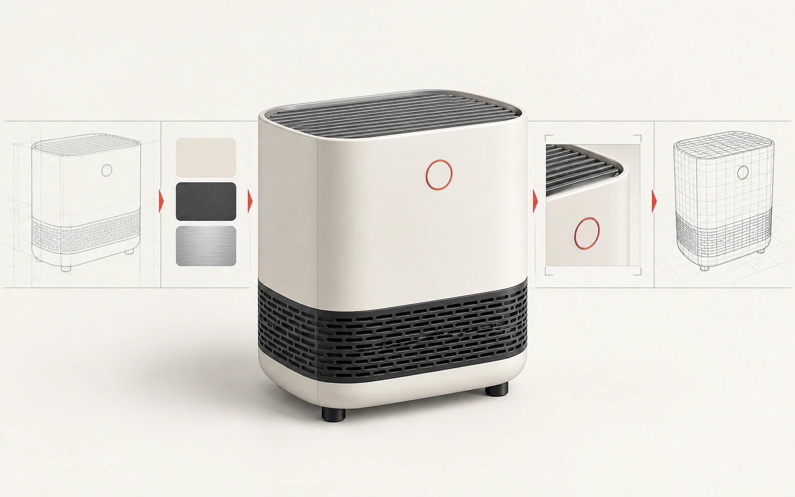 An air purifier moves through geometry, materials, final-image control and real-time preparation, showing that different outputs require different production capabilities.