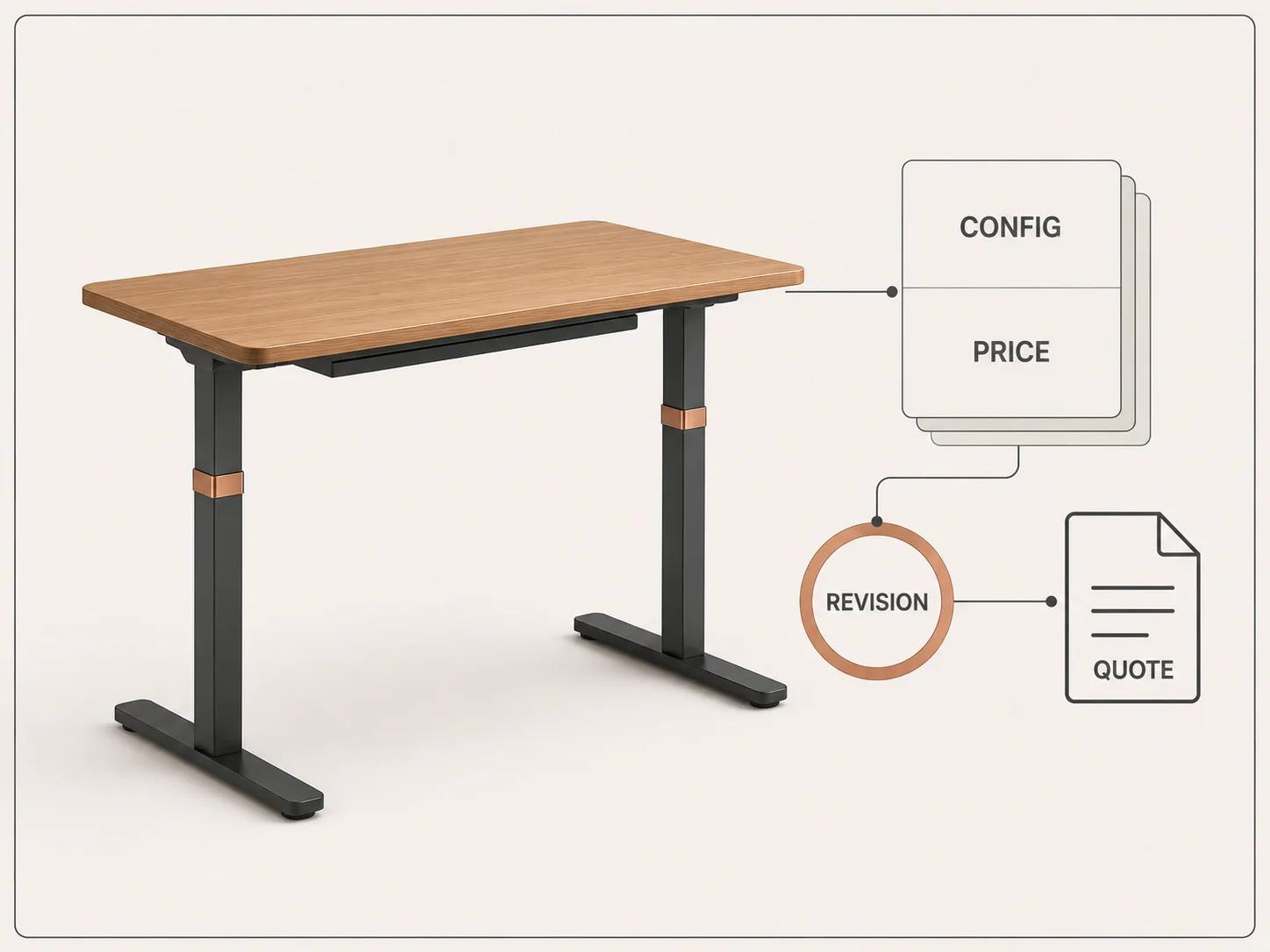 A modular workstation connects to configuration, price, quote and revision layers, showing that each quote version retains its own committed snapshot.