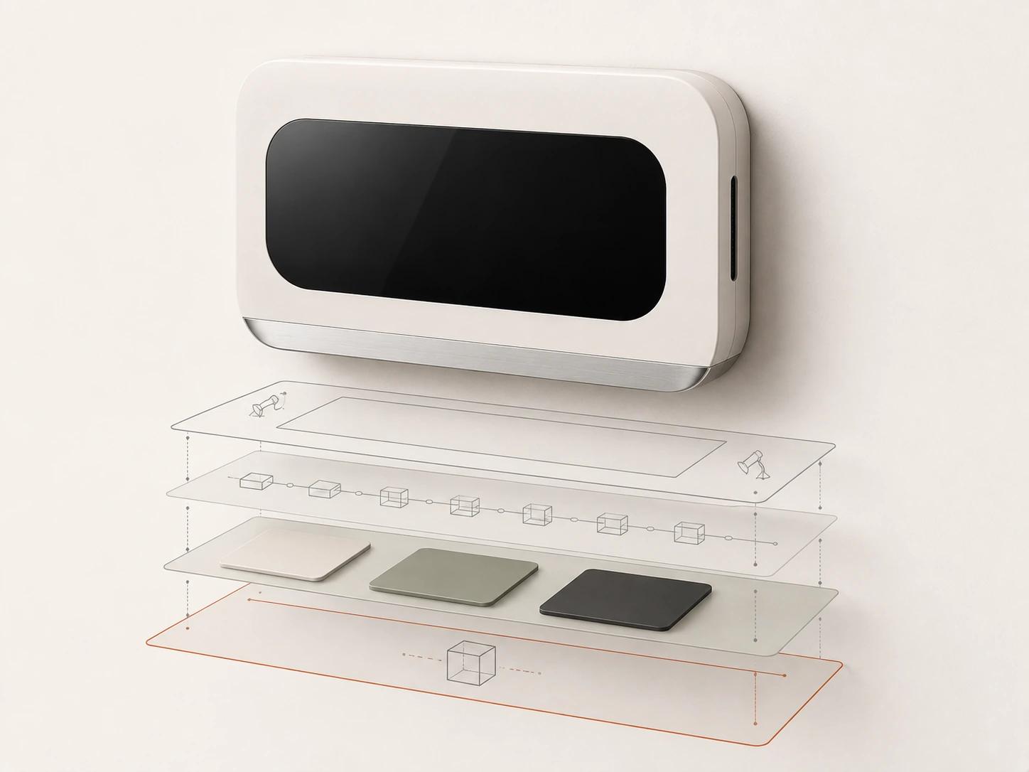 One thermostat sits above four restrained delivery stages for a render model, reusable source, governed variants and a separately tested runtime derivative.