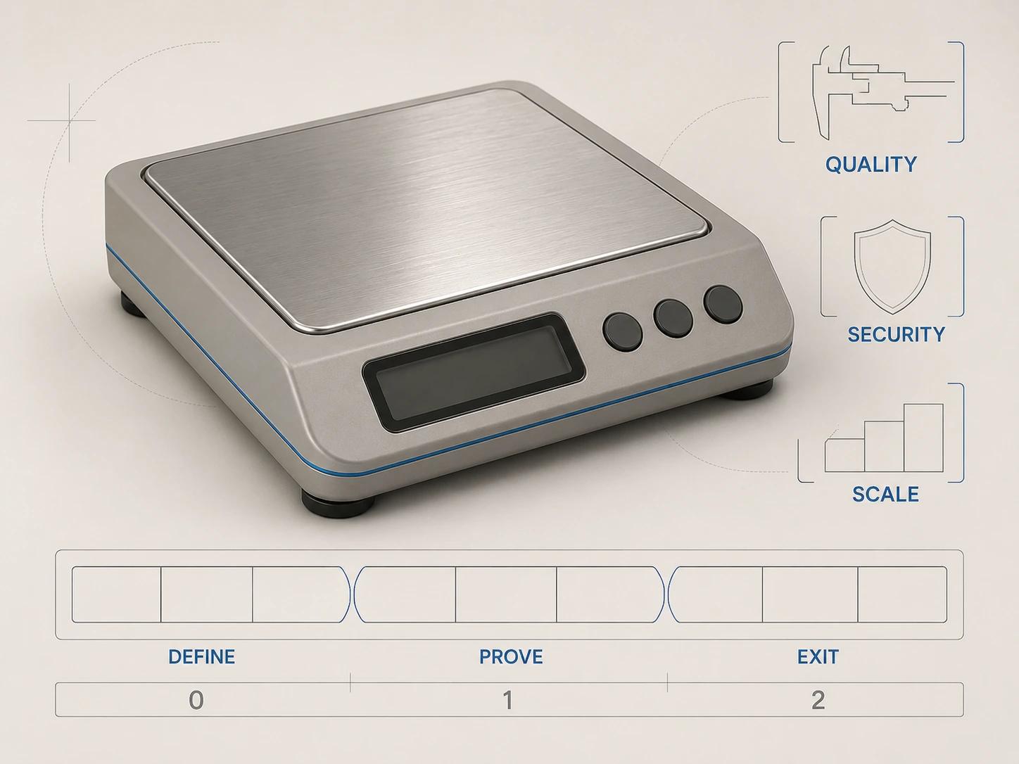 A kitchen scale anchors a nine-segment due-diligence rail grouped into define, prove and exit phases, with a simple 0-to-2 evidence scale kept secondary.